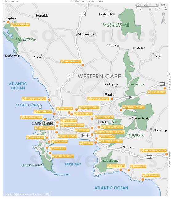 harta Cape Town cursuri de golf 