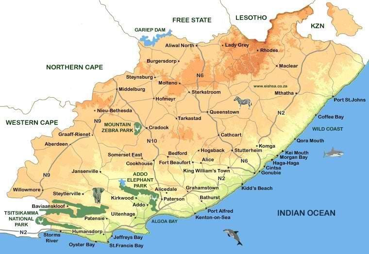 harta eastern Cape Orașe