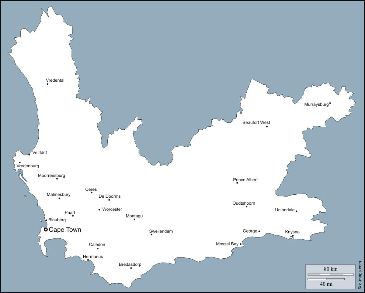 harta western Cape Orașe