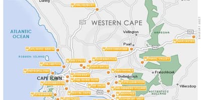 Harta Cape Town cursuri de golf 